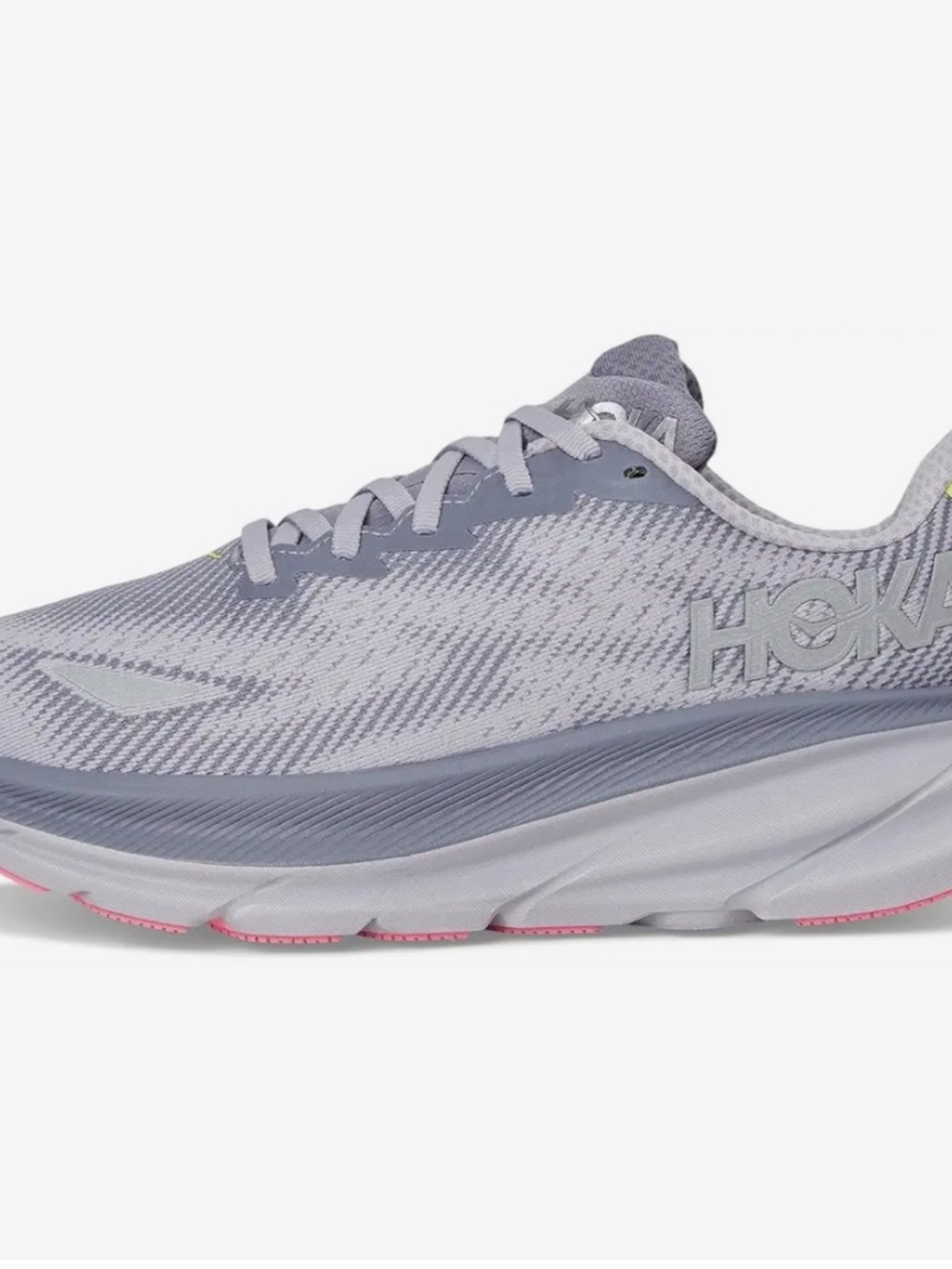 Hoka Women's Grey Mesh Slip-On with Pink Outsole and Lime Heel Tab - Picture 13 of 15
